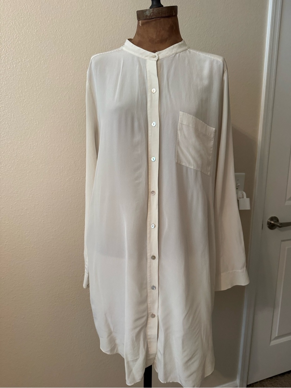Eileen Fisher Silk Cream Button-Front Shirt Dress
